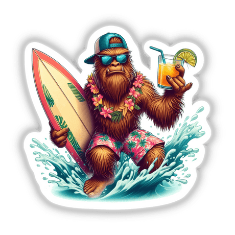 Tropical Sasquatch Surfer with Drink: Cartoon of a furry creature wearing sunglasses, holding a surfboard and drink, available as stickers or digital artwork from Decal Venue.