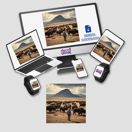 The Range: a laptop, phone, and tablet displaying a man walking with a herd of buffalo, offered as stickers or digital artwork.