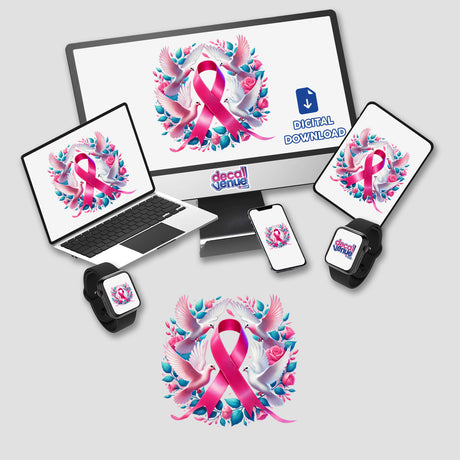 Pink Ribbon and Doves Breast Cancer Awareness design on a laptop, tablet, and monitor, available as stickers or digital artwork.