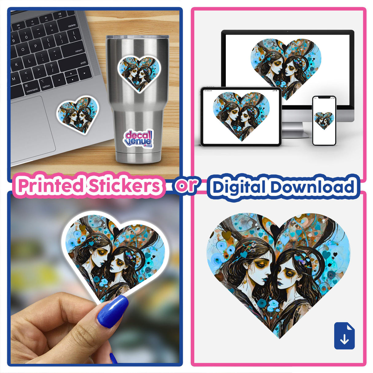 Lovely Couple in Heart Shape: A collage showcasing heart-shaped stickers featuring two women, perfectly suited for laptops, phones, and digital screens, available at Decal Venue.