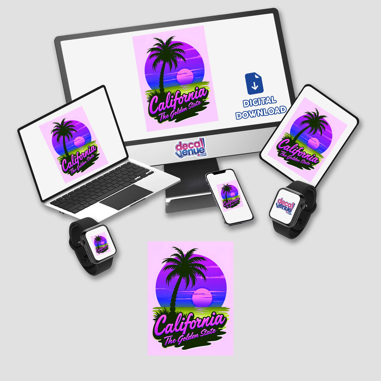 California The Golden State design featuring a computer, laptop, and smartphone displaying a palm tree and logo, available as stickers or digital artwork from Decal Venue.