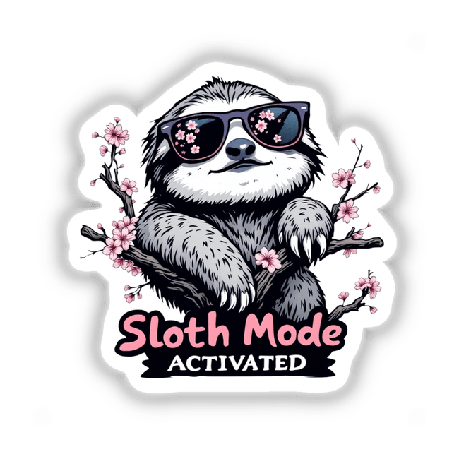 Springtime Sloth: A whimsical illustration of a sloth wearing sunglasses, holding a branch adorned with pink flowers, available as stickers or digital artwork from Decal Venue.