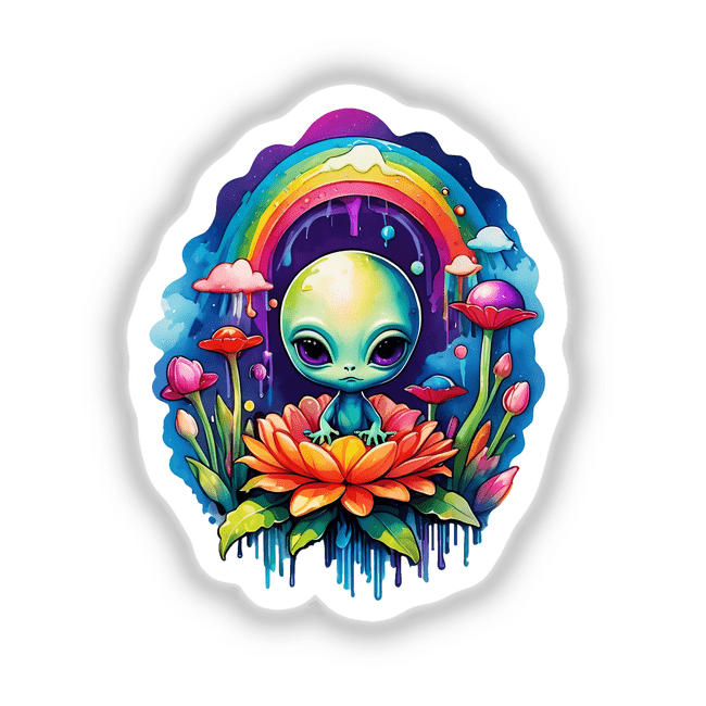 Lotus Alien: Watercolor Floral Splash Sticker featuring a whimsical cartoon alien perched on a flower, blending playful extraterrestrial imagery with delicate floral art. Available as Stickers or Digital Artwork.