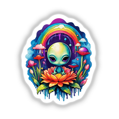 Lotus Alien: Watercolor Floral Splash Sticker featuring a whimsical cartoon alien perched on a flower, blending playful extraterrestrial imagery with delicate floral art. Available as Stickers or Digital Artwork.