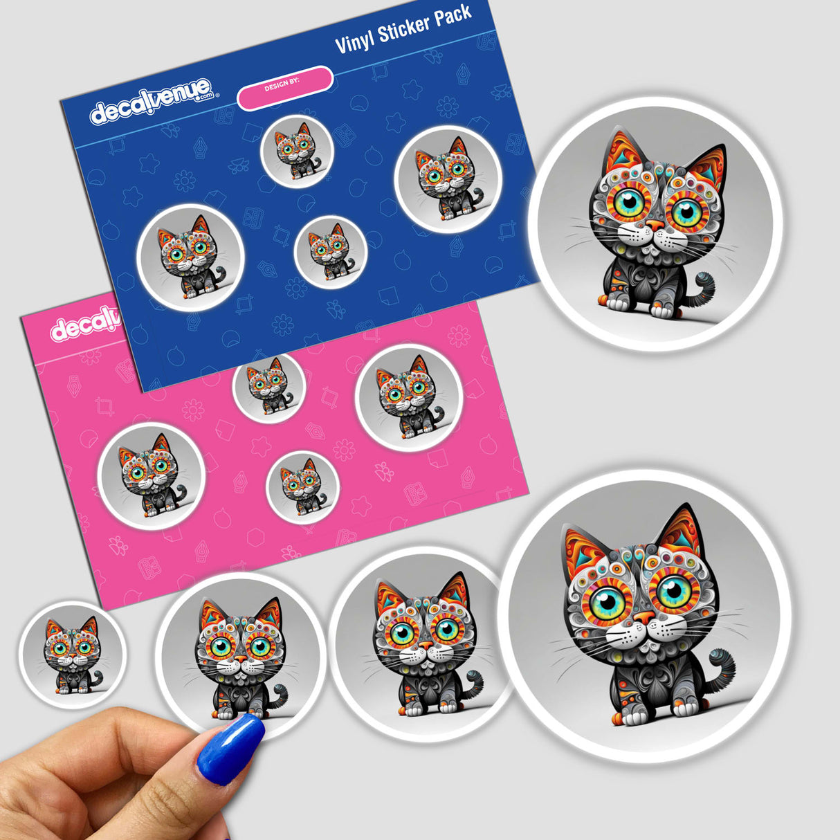 Cool Wacky Cat sticker featuring a cartoon cat with intricate, colorful patterns and designs. Available as a sticker or digital artwork from Decal Venue.