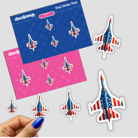 Hand holding A Cool American Flag Fighter Jet sticker pack, featuring airplane designs with stars and stripes, available as stickers or digital artwork from Decal Venue.