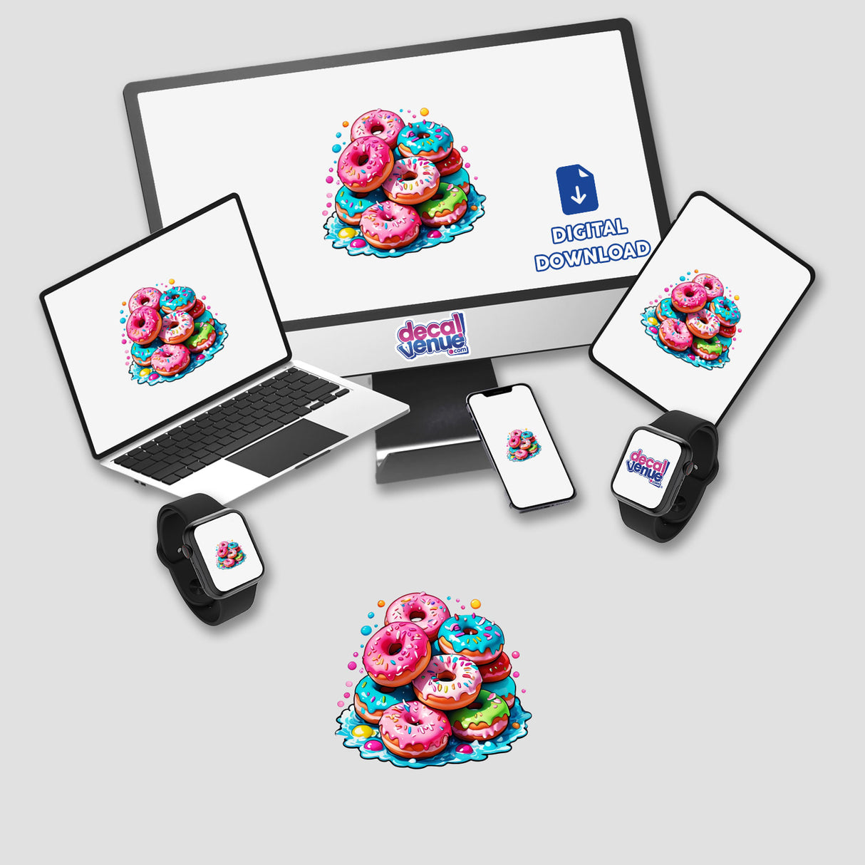 Yummy Pink Confetti Donut Stack displayed on a laptop and phone screen, highlighting vibrant digital artwork available as stickers or digital downloads from Decal Venue.