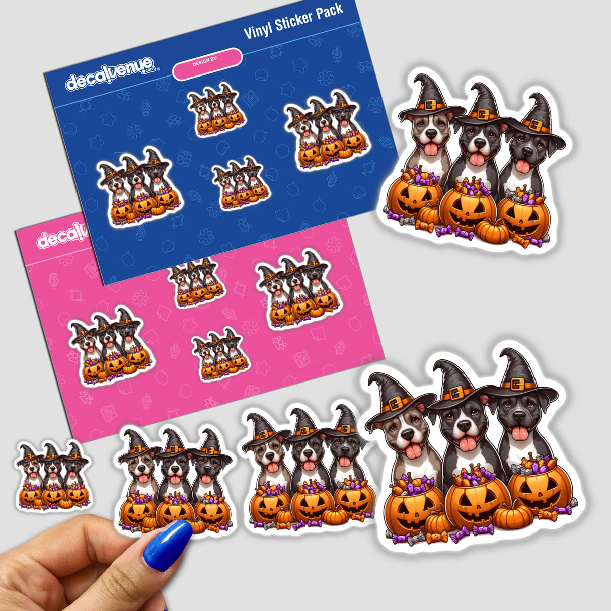 Halloween Trick or Treat Trio Pitbull Dogs II stickers: featuring cartoon pitbull dogs in hats with pumpkins. Available as stickers or digital artwork from Decal Venue.