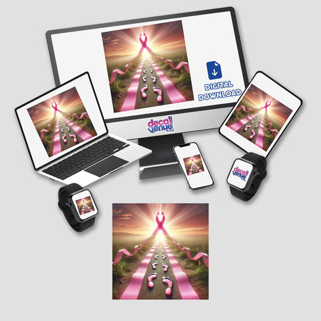 Journey to Recovery - Footsteps Leading to a Pink Ribbon displayed on a computer monitor, laptop, tablet, and cellphone, available as stickers or digital artwork.