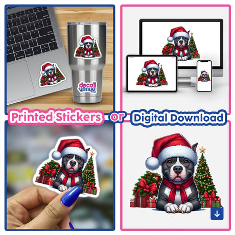 Collage featuring Christmas Scene Santa Pitbull Dog II with a pitbull in a Santa hat. Includes laptop with sticker and a hand holding a sticker, highlighting the festive sticker and digital artwork.