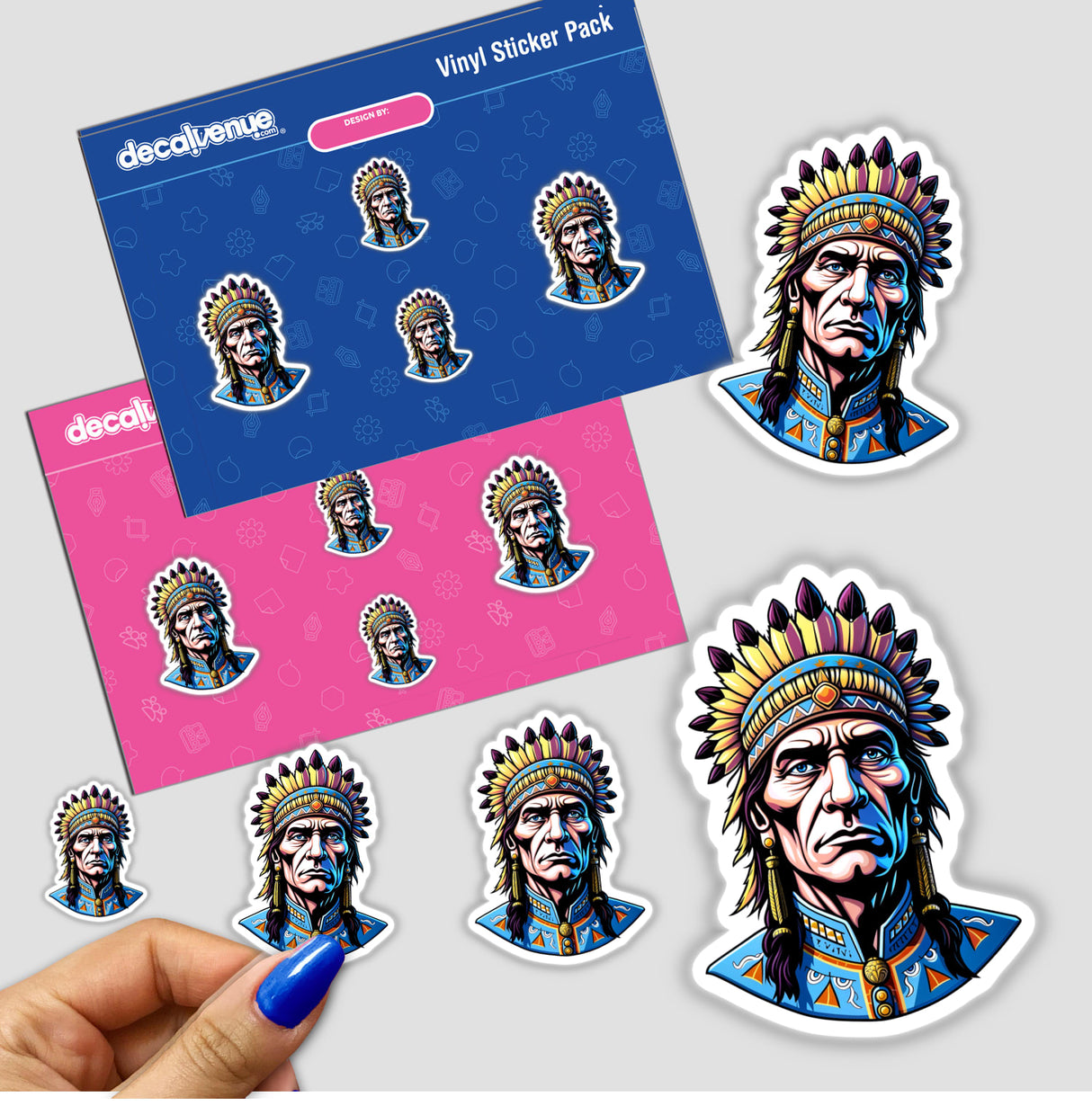 Sticker featuring a cartoon Native American Warrior Chief with a colorful headdress, available as part of Decal Venue's unique vinyl stickers or digital artwork collection.