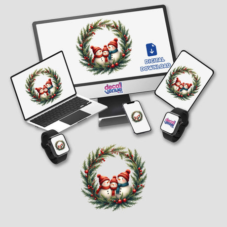 Snowmen Family in a Christmas Wreath displayed on a computer monitor and laptop, showcasing festive digital artwork available as stickers or digital art from Decal Venue.