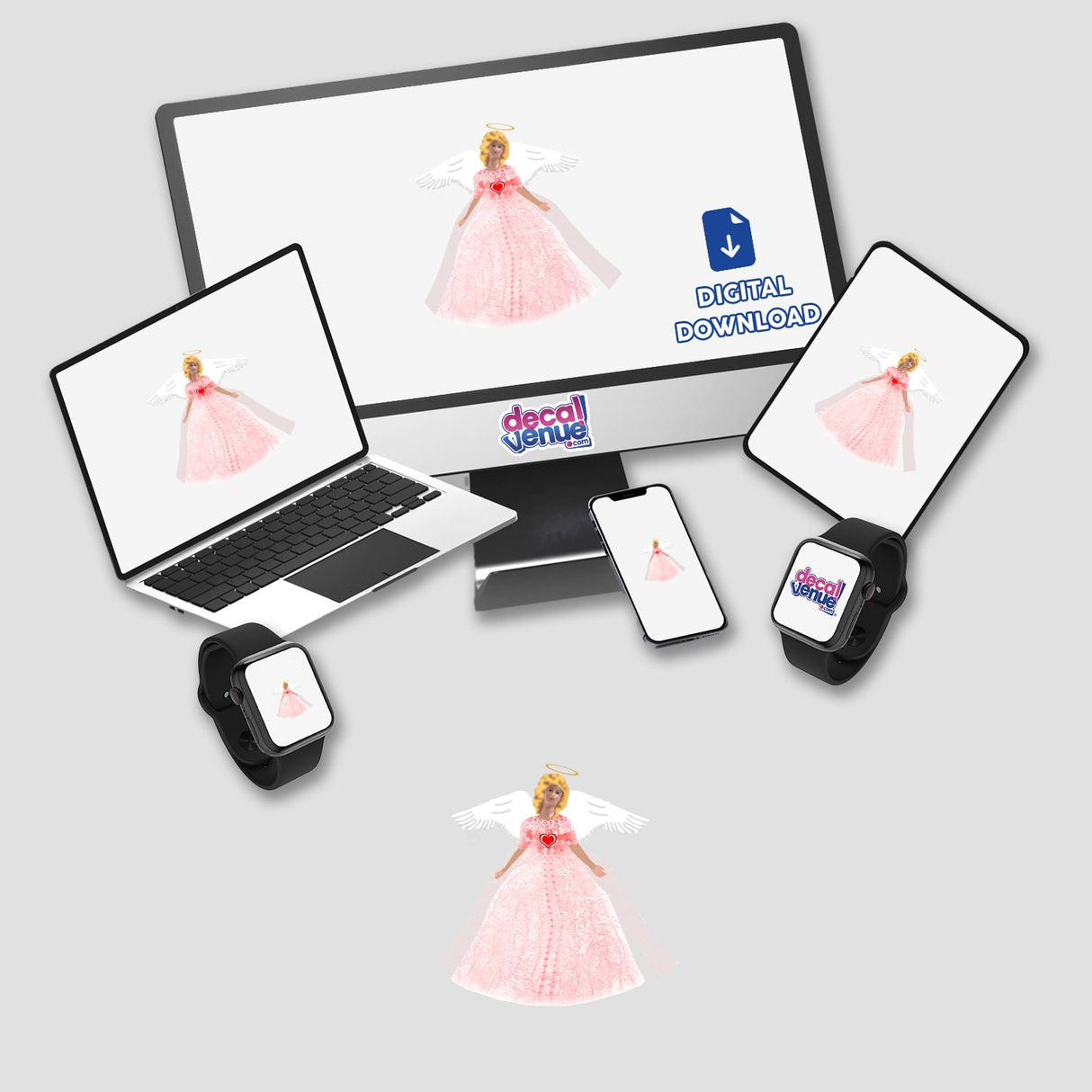 Pink Angel artwork displayed on a laptop and computer monitor, featuring a woman in a pink dress. Available as stickers or digital artwork from Decal Venue.