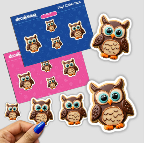 Owl Shaped Cookie with Brown Feathers and Big Eyes, displayed among various owl-themed stickers and digital artwork.