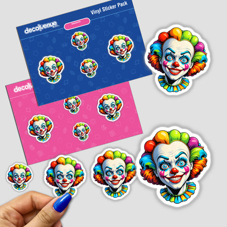 A Crazy Clown Girl sticker, featuring a cartoon clown face with vibrant hair, held by a hand. Available at Decal Venue as a unique sticker or digital artwork.