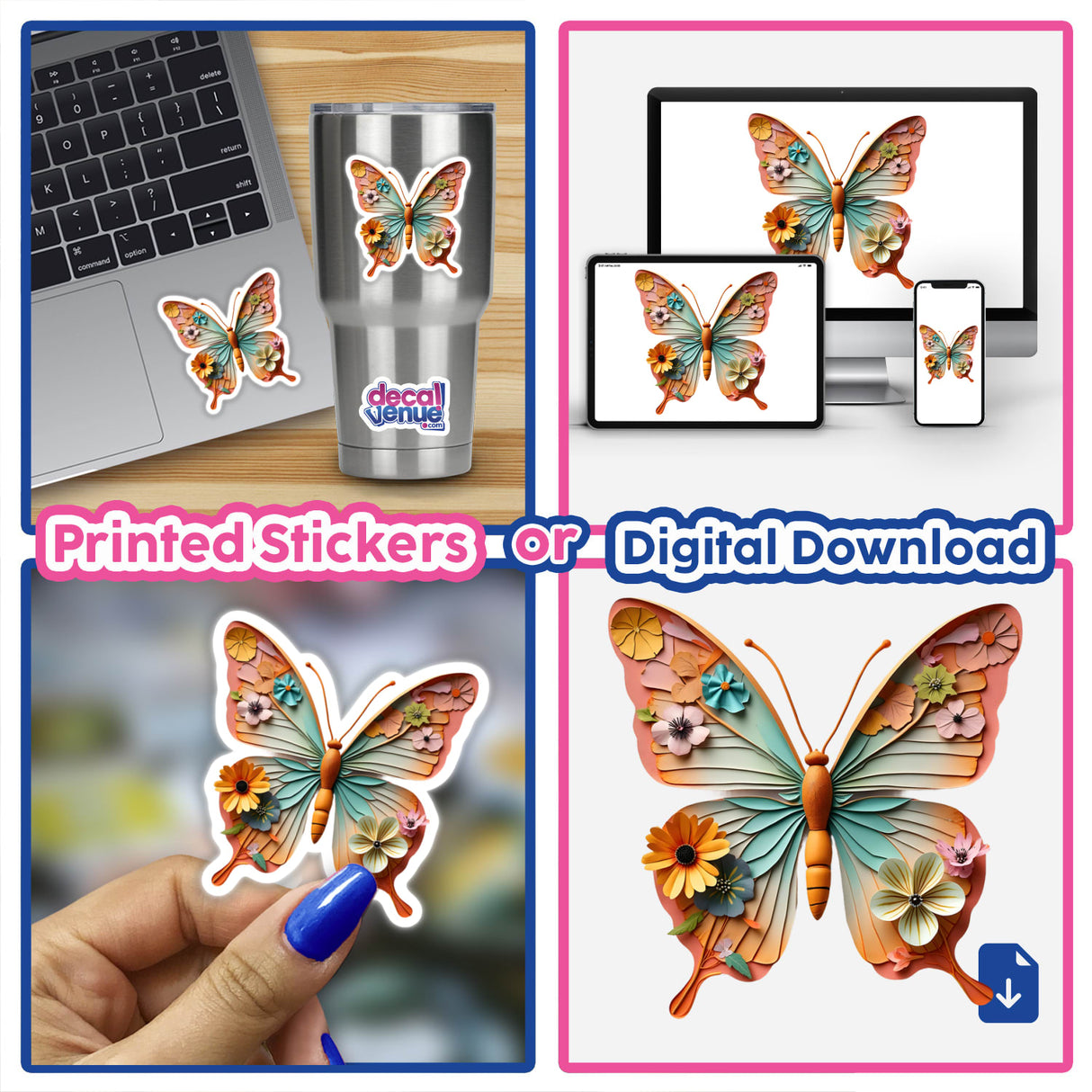 Butterfly Paper Collage Art featuring intricate stickers and digital download options, showcasing butterfly designs with flowers, suitable for decorating laptops, cups, phones, and other items.