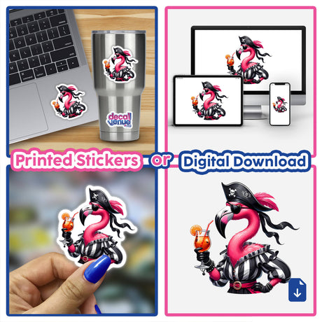 Flamingo pirate digital artwork available as stickers or digital downloads, featuring a vibrant and whimsical design of a flamingo in a pirate outfit, displayed on various devices and product mockups.