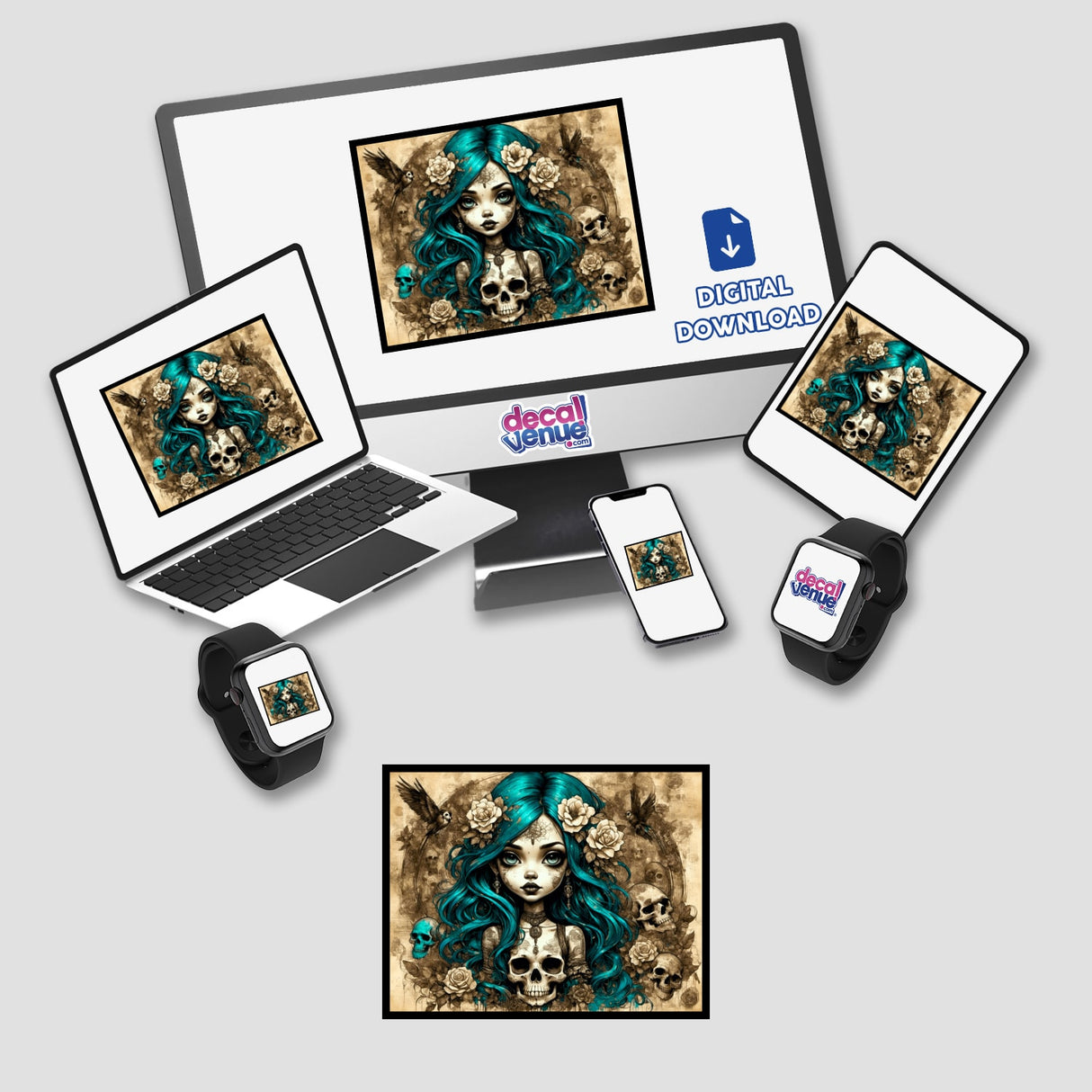 Beauty and the Skulls digital artwork displayed on a computer monitor and laptop, featuring a cartoon woman with blue hair surrounded by skulls, available as stickers or digital download.