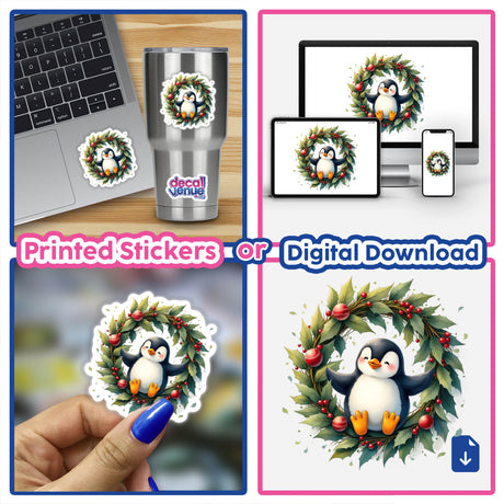 Cheerful Penguin in a Christmas Wreath featured as a sticker or digital artwork, displayed on various items like a laptop and phone, highlighting its versatility and charm from Decal Venue.