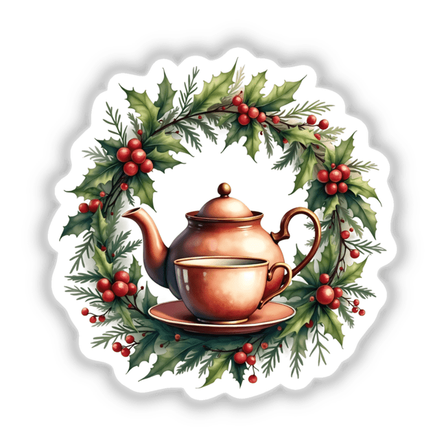 Teapot with Tea Cup in a Christmas Wreath, depicted as stickers or digital art, featuring a teapot and cup elegantly arranged within a holly wreath, embodying festive charm.