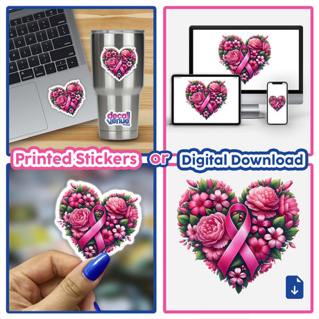 Floral Heart and Pink Ribbon Breast Cancer stickers or digital artwork featuring a collage of hearts and flowers, emphasizing breast cancer awareness with intricate floral designs and pink ribbons.