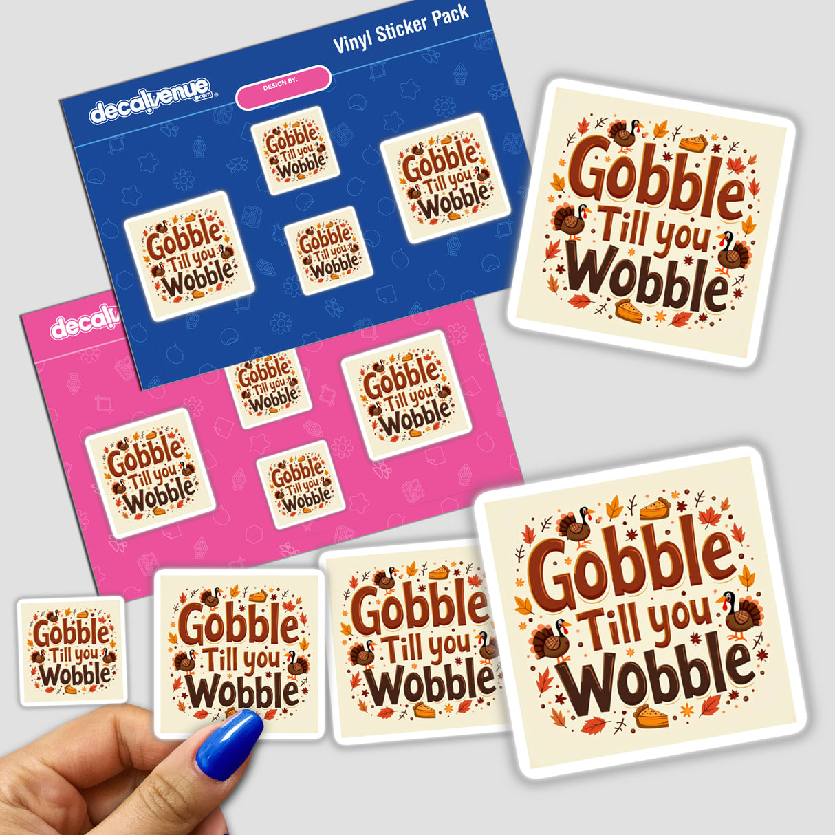 Hand holding Gobble Till You Wobble Funny Thanksgiving Sticker pack featuring turkeys and leaves, ideal for Turkey Day celebrations. Available as stickers or digital artwork with commercial rights.