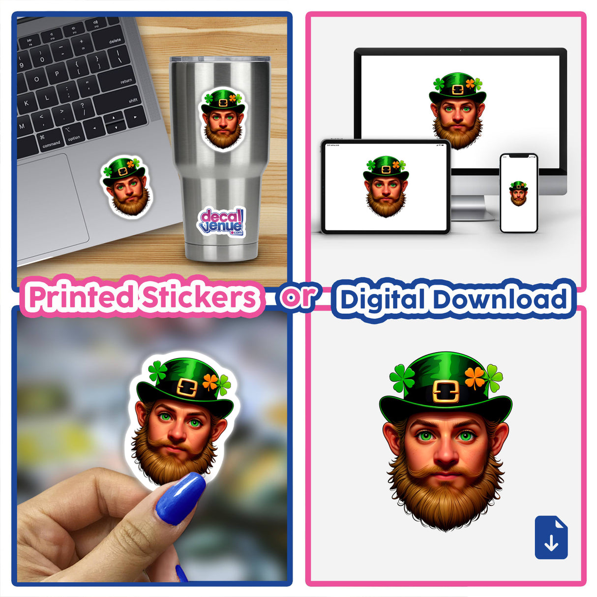 St. Patrick's Day Leprechaun sticker featuring a man's face in a green hat, ideal for laptops. Available as stickers or digital artwork from Decal Venue.