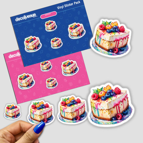 Hand holding a sticker pack titled Rainbow Cheesecake Delight featuring various cake stickers with fruit toppings. Available as stickers or digital artwork from Decal Venue.