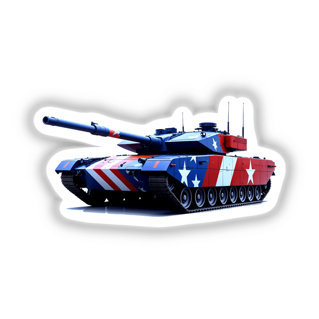 A Cool American Flag Army Tank design featuring stars and stripes, available as stickers or digital artwork, showcasing a tank with patriotic motifs.