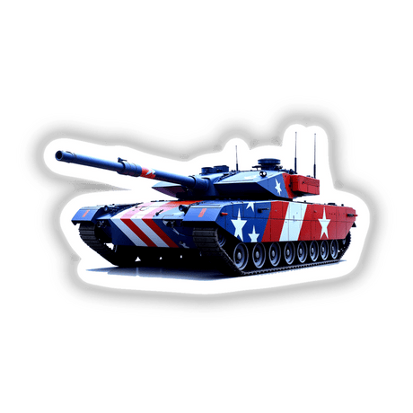 A Cool American Flag Army Tank design featuring stars and stripes, available as stickers or digital artwork, showcasing a tank with patriotic motifs.