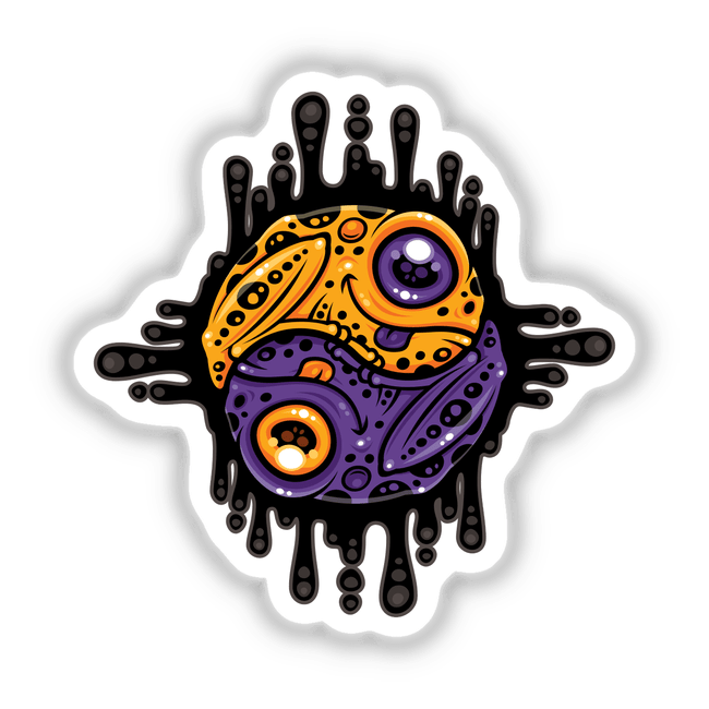 Vibrant Purple and Gold Poison Dart Frog Yin Yang design, featuring a cartoon frog in a yin yang style, available as stickers or digital artwork from Decal Venue.