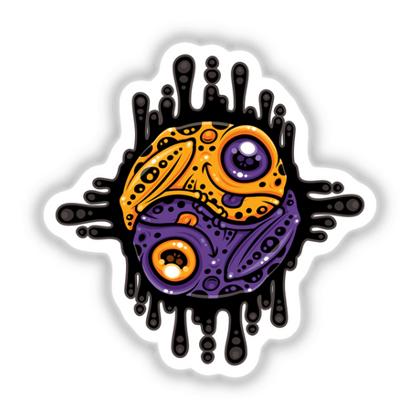 Vibrant Purple and Gold Poison Dart Frog Yin Yang design, featuring a cartoon frog in a yin yang style, available as stickers or digital artwork from Decal Venue.