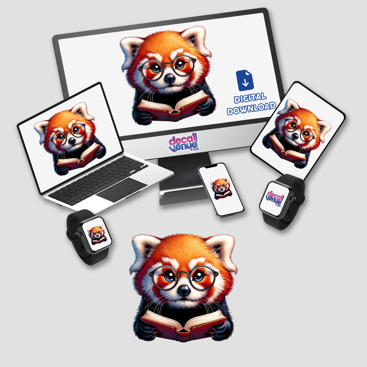 Red Panda With Reading Glasses Open Book illustrated on various devices, showcasing digital artwork available as stickers.