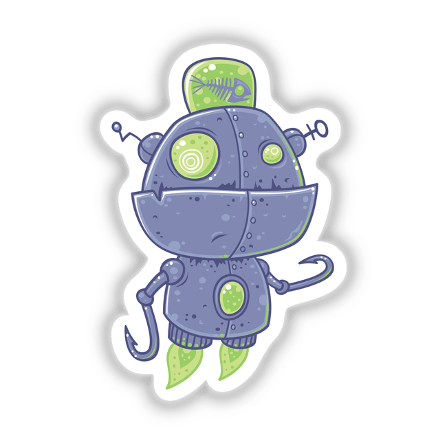 Fishing Robot sticker featuring a whimsical cartoon robot with a fish skeleton in a green bubble, ideal for adding a playful touch to your collection.