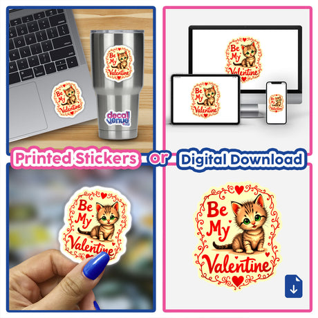 Collage featuring Be My Valentine Valentine's Day Kitten stickers and digital download, showcasing a cute cat design. Includes a sticker on a laptop and a person holding a sticker.