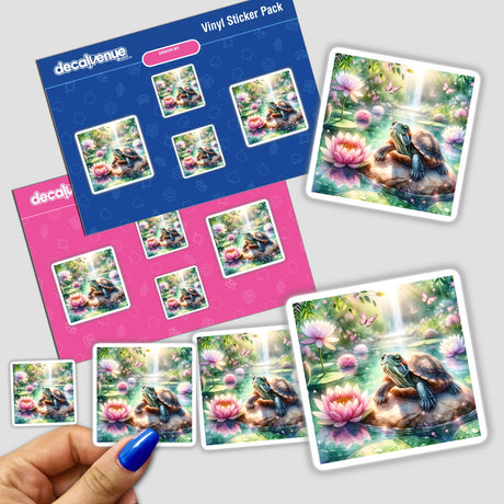 Turtle in a Peaceful Pond Watercolor Illustration sticker set featuring turtles, flowers, and butterflies, available as stickers or digital artwork from Decal Venue.