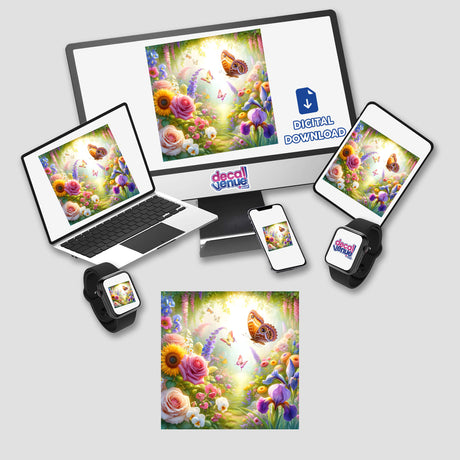 Butterfly in a Flower Garden Watercolor Illustration featuring vibrant flowers and butterflies displayed on a monitor and laptop, available as unique stickers or digital artwork from Decal Venue.