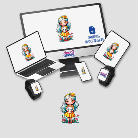 Cute cartoon girl holding a white kitten on a flower bed, displayed on a computer monitor and laptop screen. Available as stickers or digital artwork from Decal Venue.