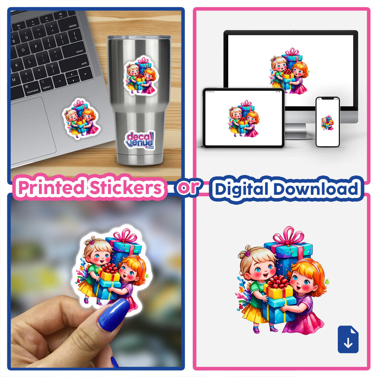 Gift-Giving Joy: Cute Kids with Presents stickers and digital artwork featuring a collage of kids holding gifts, perfect for adding a festive touch to laptops and other gadgets.