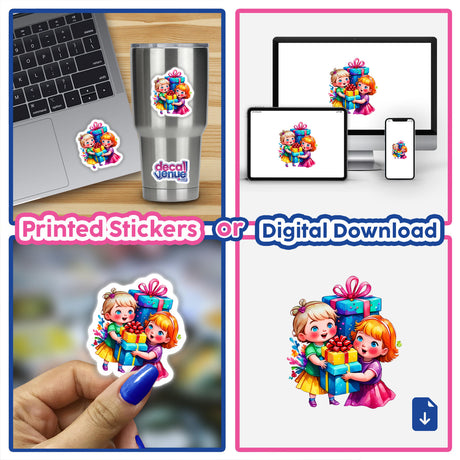 Gift-Giving Joy: Cute Kids with Presents stickers and digital artwork featuring a collage of kids holding gifts, perfect for adding a festive touch to laptops and other gadgets.