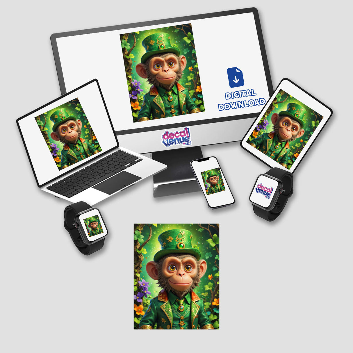 St. Patrick's Day Leprechaun Monkey featured on screens, showing a cartoon monkey in a green hat and suit. Available as stickers or digital artwork from Decal Venue.