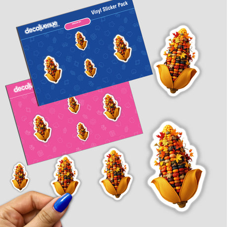 Thanksgiving Harvest Corn Knit Fabric Style sticker pack featuring corn made of pumpkins and leaves, presented on a surface with a hand showing detail. Available as stickers or digital artwork.