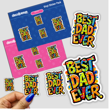 Sticker pack featuring Best Dad Ever text in a vibrant design, showcasing various colorful graphics, ideal for personalization or as digital artwork.