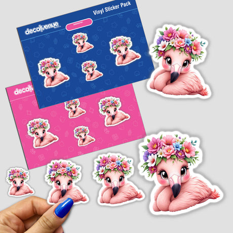 Adorable Flamingo with a Flower Crown stickers, featuring cartoon flamingos adorned with floral crowns, held in a hand. Available as stickers or digital artwork from Decal Venue.