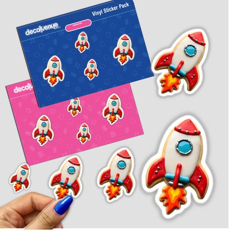 Sticker pack featuring a hand holding a Rocket Shaped Cookie with Red Flames and Silver Details sticker, showcasing unique, cartoon-style designs from Decal Venue.