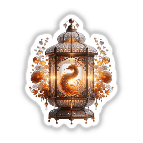 Intricately Designed Lantern featuring a gold and orange bird inside a glass enclosure, available as stickers or digital artwork.