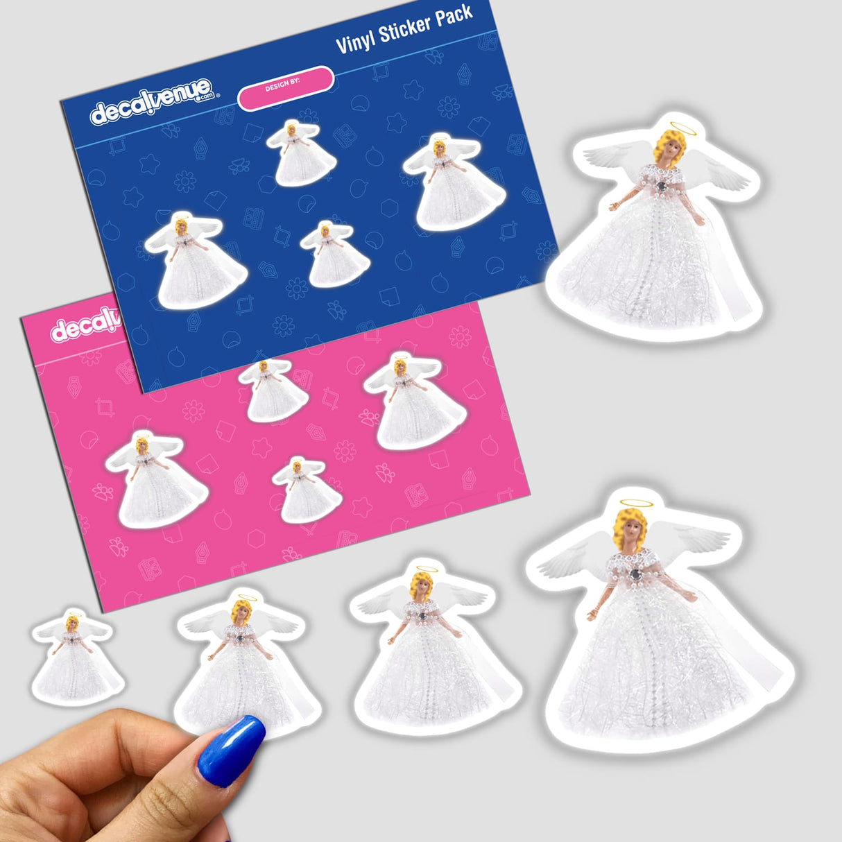 White Angel sticker pack featuring a woman in a white dress and angel with wings and halo. Available as stickers or digital artwork from Decal Venue.