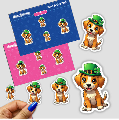 St. Patrick's Day Puppy stickers featuring cartoon dogs with green hats, available as unique decals or digital artwork from Decal Venue.