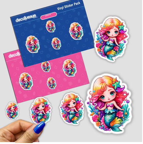 Kawaii Mermaid: Undersea Coral and Starfish - a sticker pack featuring cartoon mermaids with colorful hair, shown in a hand with detailed close-ups of the stickers.