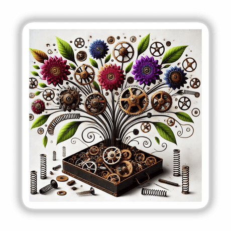 Mechanical Blossom - Clockwork Flowers Growing from a Gearbox, showcasing intricate gears interwoven with delicate flowers, available as stickers or digital artwork.